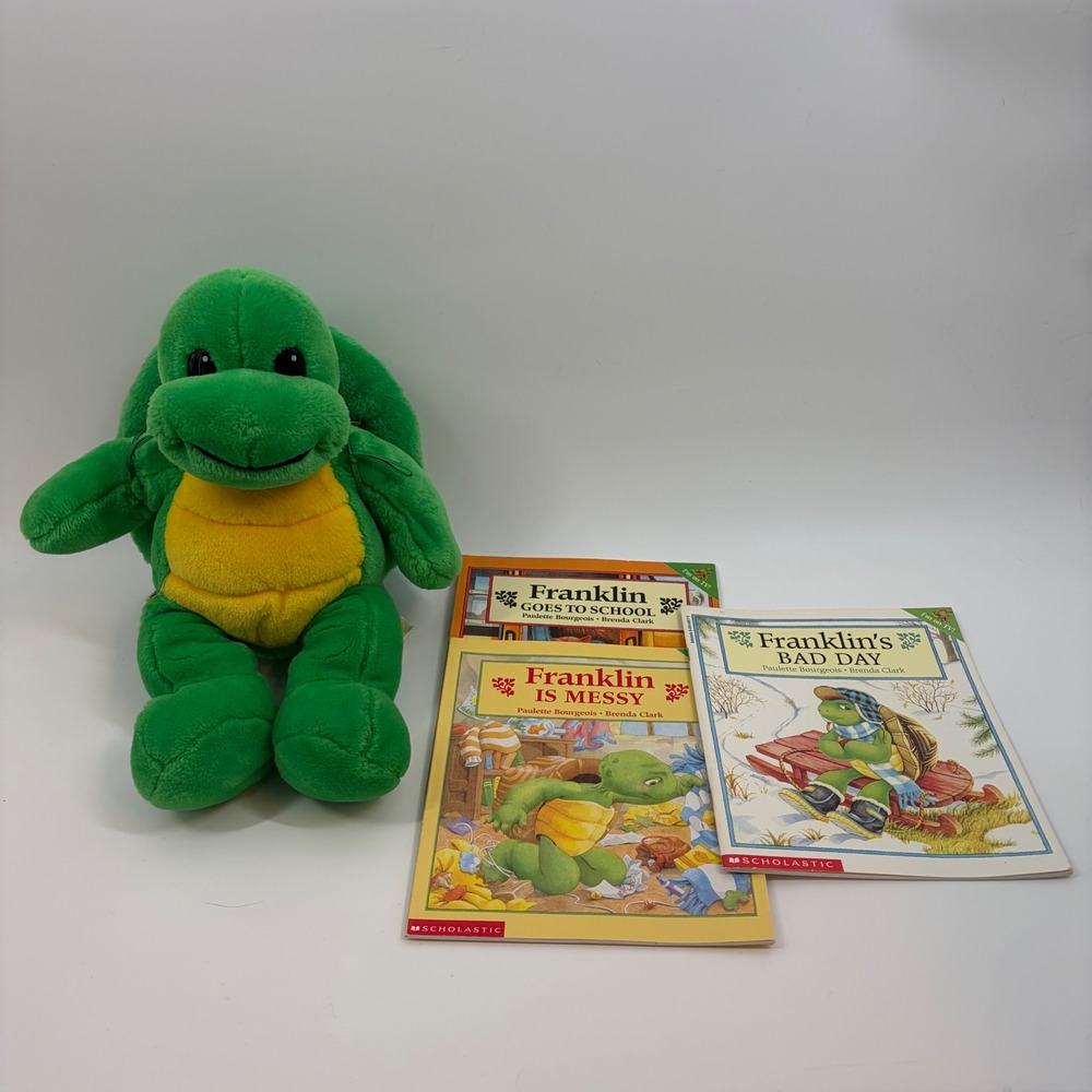 Build-A-Bear Franklin the Turtle Plush and Scholastic 3 Book Bundle Set Green